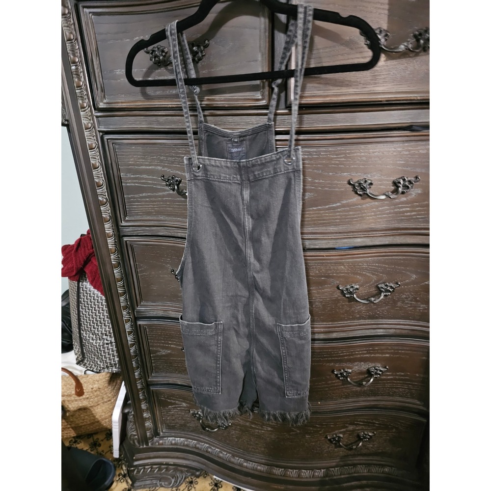 Aerie Denim Shortall Romper Washed Black Gray Frayed Hem Pockets Small
